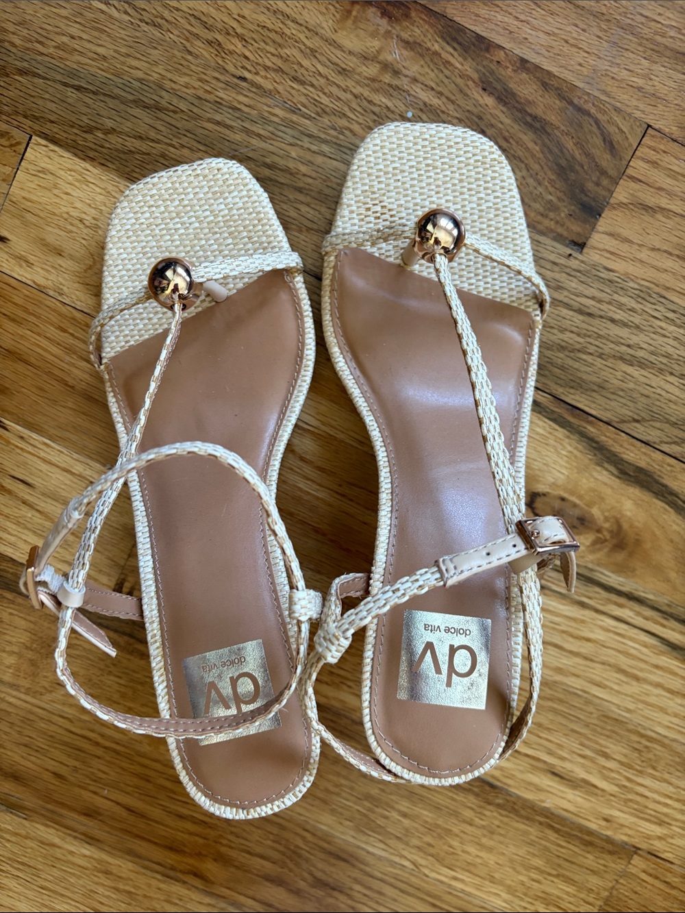 DV by Dolce Vita Cream Braided Ankle Strap Sandals with Gold Accent
